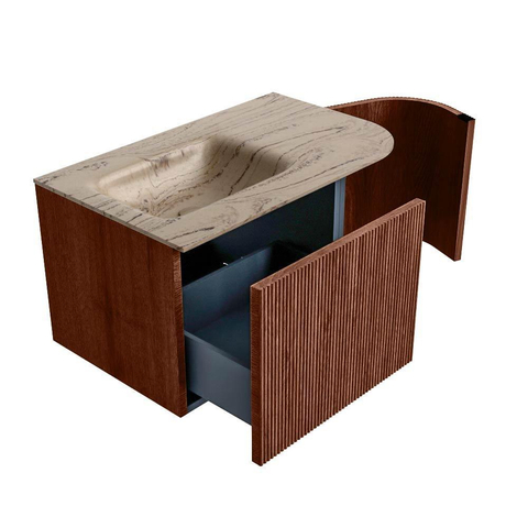 MONDIAZ KURVE-DLUX Meuble de salle de bains 75cm arrondi à droite couleur Ruby avec 1 tiroir et 1 porte. Lavabo GRUNNE gauche sans trou de robinet Arena. SW1431452