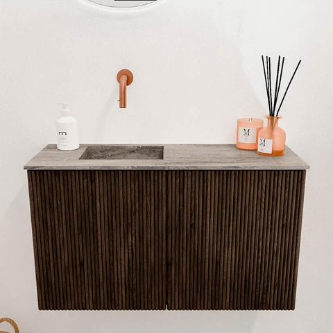 Mondiaz JOYA-DLUX 70cm toiletmeubel - kleur Walnut - Wastafel FAYE positie Links Zonder kraangat kleur Oza. SW1424559