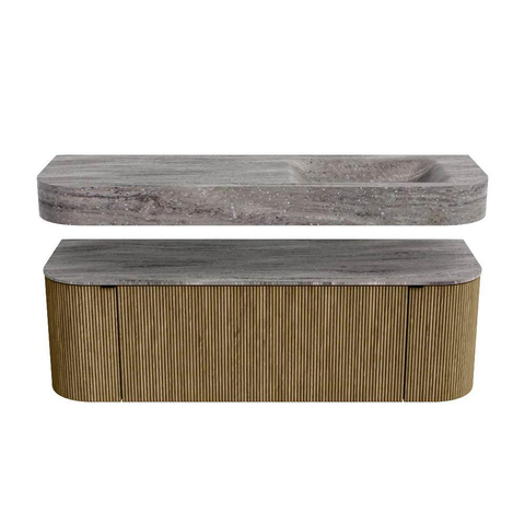 MONDIAZ THOR-DLUX 140cm meuble de salle de bains arrondi gauche + droite couleur Dusk avec 1 tiroir et 2 portes. Vasque suspendue CLOUD Droite 1 trou de robinet couleur Oza. SW1464280