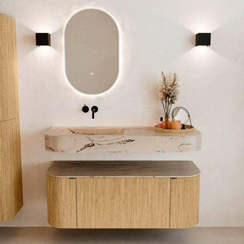 MONDIAZ THOR-DLUX 120cm badmeubel ronding links + rechts kleur Oak met 1 lade en 2 deuren. Vrijhangende wastafel CLOUD Links zonder kraangat kleur Arena. SW1463411