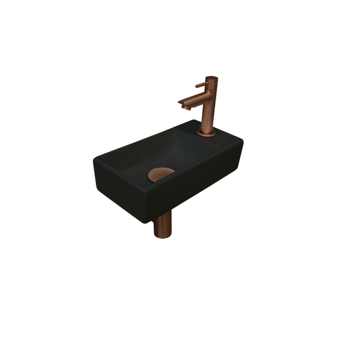 Ink Versus pack lave-mains – 36 x 18 x 9 cm – porcelaine noir mat – perçage à droite – robinet or rose mat SW450895