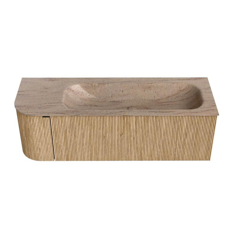 MONDIAZ KURVE-DLUX 135cm badmeubel ronding Links kleur Oak met 1 lade en 1 deur. Wastafel BIG MEDIUM Rechts zonder kraangat Saba. SW1433072