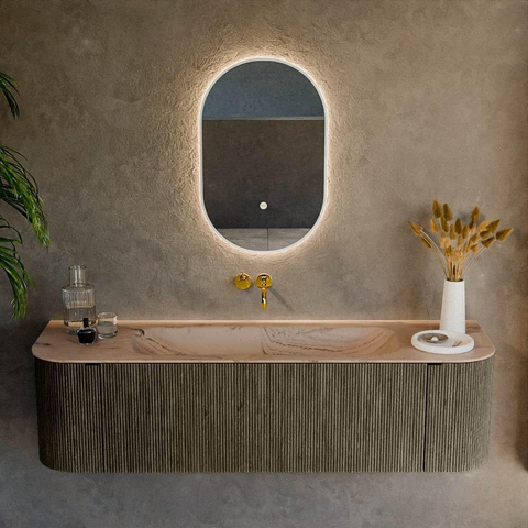 MONDIAZ KURVE-DLUX Meuble de salle de bains 160cm arrondi Gauche + Droite couleur Shadow avec 1 tiroir et 2 portes. Lavabo BIG MEDIUM Milieu sans trou de robinet Arena. SW1431484