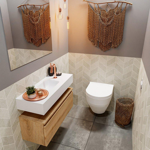 MONDIAZ ANDOR Toiletmeubel - 80x30x30cm - 1 kraangat - 1 lades - washed oak mat - wasbak midden - Solid surface - Wit SW474270