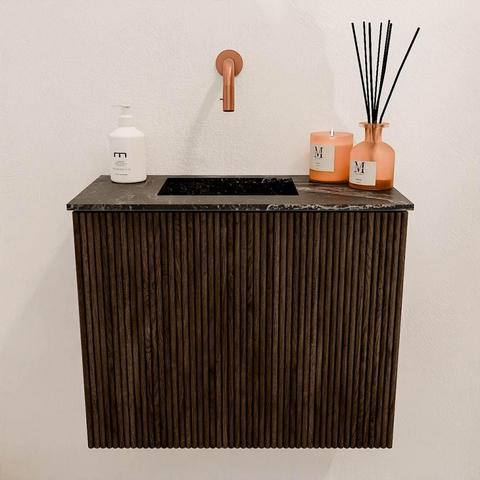Mondiaz JOYA-DLUX 50cm toiletmeubel - kleur Walnut - Wastafel FAYE positie Links Zonder kraangat kleur Lava. SW1422479