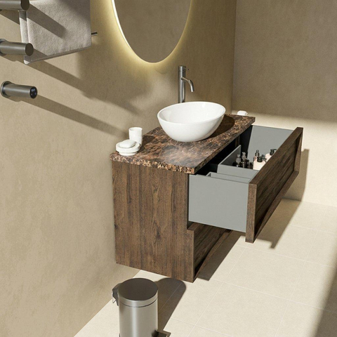 Saniclass Holz Frame Badkamermeubelset - 100x45x63cm - Noche natuurstenen topblad dark emperador - 1 kraangat - 2 lades - mat eiken charcoal (hout) SW1579875