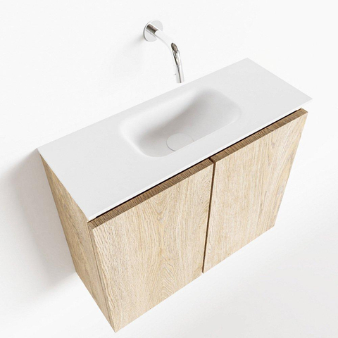 MONDIAZ TURE Kit lave-mains - 60x23x50cm - 0 trous de robinet - 2 portes - chêne blanchi mat - Lavabo centré - Solid Surface Blanc SW475151