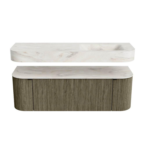 MONDIAZ THOR-DLUX 140cm meuble de salle de bains arrondi gauche + droite couleur Shadow avec 1 tiroir et 2 portes. Vasque suspendue CLOUD Droite 1 trou de robinet couleur Ostra. SW1464477