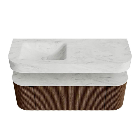 MONDIAZ THOR-DLUX 130cm meuble de salle de bains arrondi gauche + droite couleur Walnut avec 1 tiroir et 2 portes. Vasque suspendue CLOUD gauche sans trou de robinet couleur Opalo. SW1463595