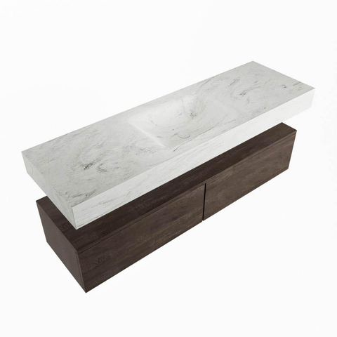 Mondiaz ALAN-DLUX Ensemble de meuble de salle de bain - 100x46cm - 2 tiroirs - vasque suspendue - sans trous de robinetterie - 2 au centre - Dark Brown (chêne foncé) SW1216128