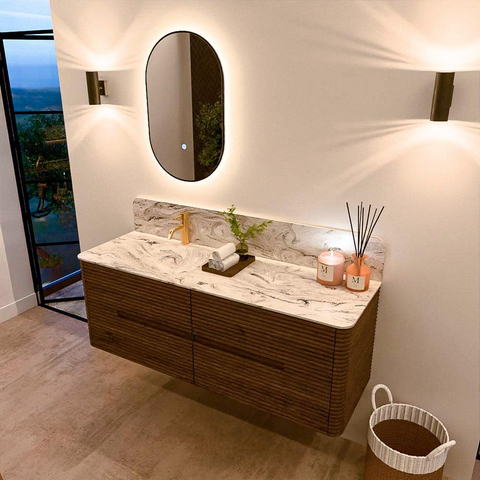 Mondiaz CIRO-DLUX Meuble de salle de bains - 140x45x50cm - Plan vasque Solid surface Glace - 1 lavabo à gauche - 1 trou de robinet - 4 tiroirs - Dusk SW1532894