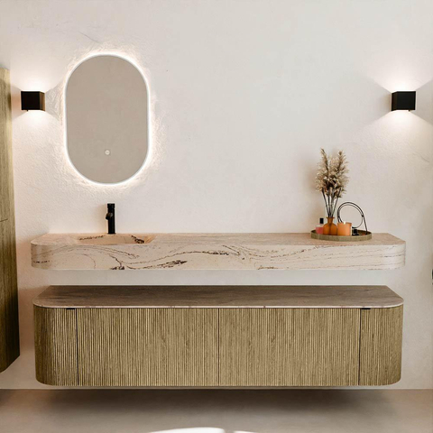 MONDIAZ THOR-DLUX 190cm meuble de salle de bains arrondi gauche + droite couleur Dusk avec 2 tiroirs et 2 portes. Vasque suspendue CLOUD Gauche 1 trou de robinet couleur Arena. SW1466603