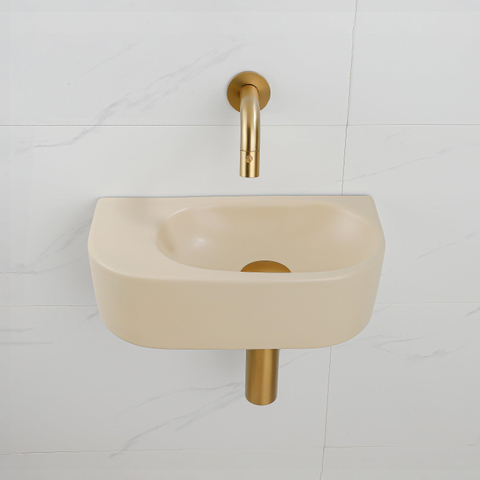 QeramiQ Fuente fonteinset – halfrond – 40x21.5x12 cm – keramiek beige – geborsteld gouden kraan SW1233109