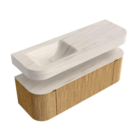MONDIAZ THOR-DLUX 140cm badmeubel ronding links + rechts kleur Oak met 1 lade en 2 deuren. Vrijhangende wastafel CLOUD Links 1 kraangat kleur Meli. SW1464384