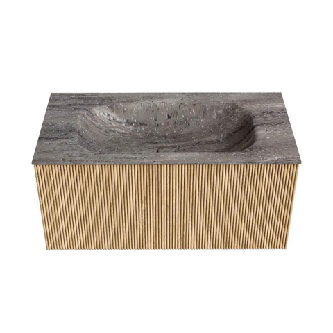 MONDIAZ KURVE-DLUX Meuble de salle de bains 90cm couleur Oak avec 1 tiroir et 0 porte. Lavabo BIG SMALL Milieu sans trou de robinet Oza. SW1432630