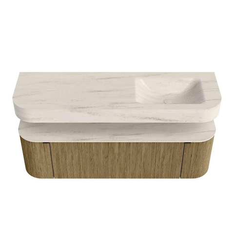 MONDIAZ THOR-DLUX 150cm meuble de salle de bains arrondi gauche + droite couleur Dusk avec 1 tiroir et 2 portes. Vasque suspendue CLOUD Droite 1 trou de robinet couleur Meli. SW1464766