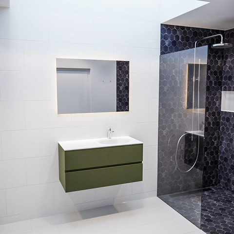 ENSEMBLE DE MEUBLE MONDIAZ VICA - 100cm - 2 tiroirs - lavabo Moon à droite - 1 trou de robinet - solid surface army SW410047