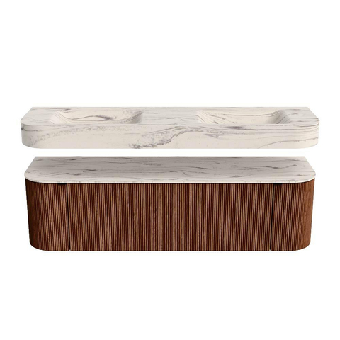 MONDIAZ THOR-DLUX 160cm meuble de salle de bains arrondi gauche + droite couleur Ruby avec 1 tiroir et 2 portes. Vasque suspendue CLOUD Double 2 trous de robinet couleur Nata. SW1465274