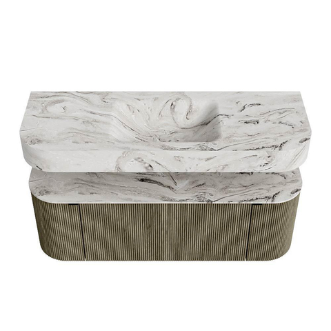 MONDIAZ THOR-DLUX 130cm meuble de salle de bains arrondi gauche + droite couleur Shadow avec 1 tiroir et 2 portes. Vasque suspendue CLOUD Milieu 1 trou de robinet couleur Glace. SW1467655