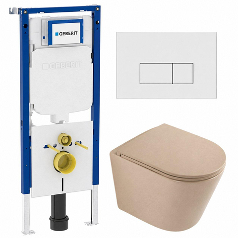 QeramiQ Dely Toiletset - 36.3x51.7cm - Geberit UP720 inbouwreservoir - rimless - diepspoel - zitting - softclose - bedieningsplaat mat wit - rechthoekige knoppen - mat beige SW1426525