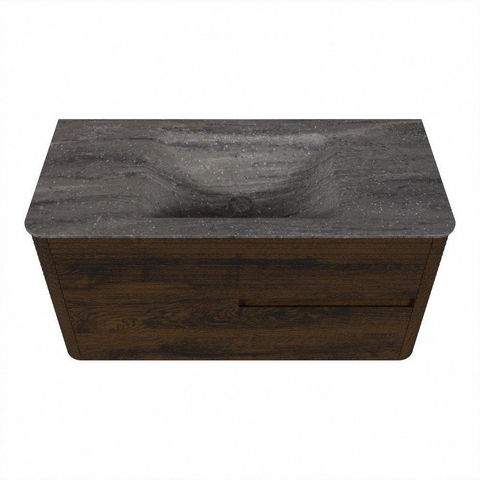 Mondiaz CIRO-DLUX Meuble de salle de bains - 100x45x50cm - plan vasque solid surface Oza - 1 vasque centrale - sans trous de robinetterie - 2 tiroirs - Noyer SW1530594