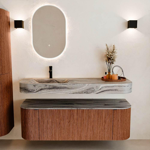 MONDIAZ THOR-DLUX 140cm meuble de salle de bains arrondi gauche + droite couleur Ruby avec 1 tiroir et 2 portes. Vasque suspendue CLOUD Gauche 1 trou de robinet couleur Sombra. SW1464287