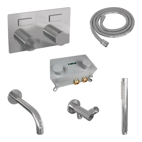 BRAUER Stripe Mitigeur thermostatique baignoire - boutons-poussoirs - SET 03 - encastré - bec - douchette à main - flexible de douche - coude mural - chrome SW1434736