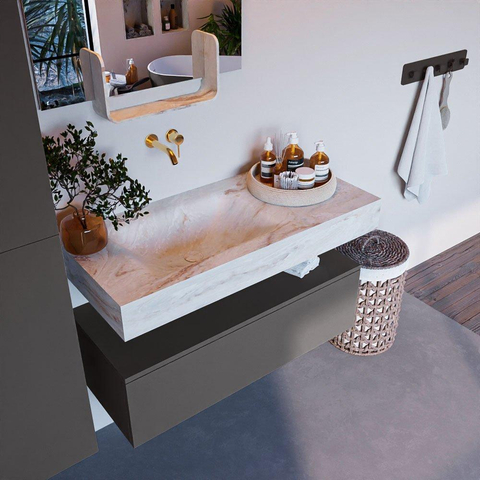 Mondiaz ALAN-DLUX Ensemble de meuble - 100cm - meuble Dark grey mat - 1 tiroir - Lavabo Cloud Frappe suspendu - vasque Gauche - 0 trous de robinet SW804904