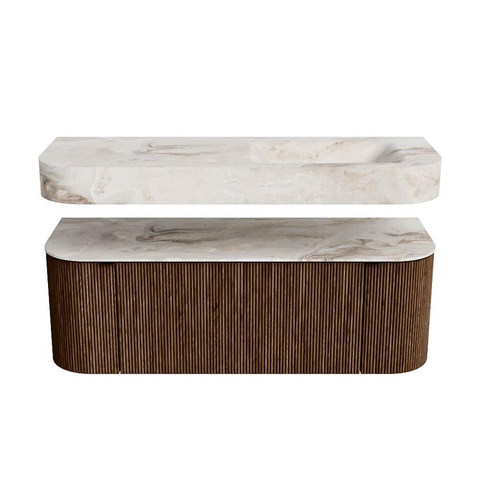 MONDIAZ THOR-DLUX 130cm badmeubel ronding links + rechts kleur Walnut met 1 lade en 2 deuren. Vrijhangende wastafel CLOUD Rechts 1 kraangat kleur Frappe. SW1463607