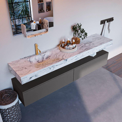 Mondiaz ALAN-DLUX Ensemble de meuble - 200cm - meuble Dark grey mat - 2 tiroirs - Lavabo Cloud Glace suspendu - vasque Gauche - 1 trou de robinet SW805572