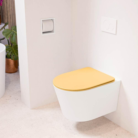 Mondiaz LAVIE hangtoilet – spoelrandloos – 36 x 53 cm – met softclose zitting – Talc (wit), zitting Ocher (geel) SW1208681
