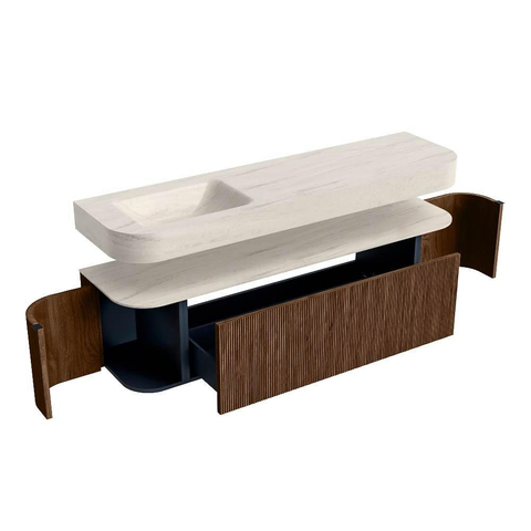 MONDIAZ THOR-DLUX 170cm meuble de salle de bains arrondi gauche + droite couleur Walnut avec 1 tiroir et 2 portes. Vasque suspendue CLOUD gauche 1 trou de robinet couleur Meli. SW1465744