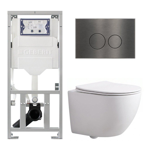 QeramiQ Dely Swirl Compact Toiletset - inbouwreservoir Geberit UP320 - met Burda frame - slim zitting - metalen bedieningsplaat gunmetal - ronde knoppen - mat wit SW1595641