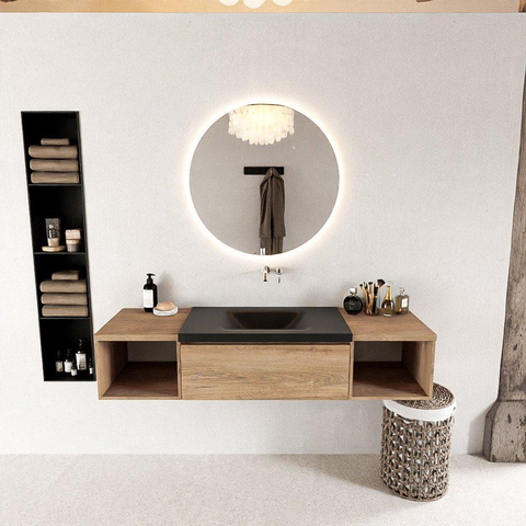 MONDIAZ BUKLA Meuble de salle de bains 160cm avec module ouvert 40 G+D couleur Washed Oak avec 1 tiroir. Lavabo CLOUD au centre 0 trou de robinet couleur Urban. SW1382104
