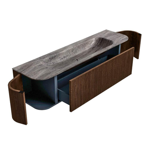MONDIAZ KURVE-DLUX Meuble de salle de bains 170cm arrondi Gauche + Droite couleur Walnut avec 1 tiroir et 2 portes. Lavabo BIG LARGE Central 2 trous de robinet Oza. SW1432465