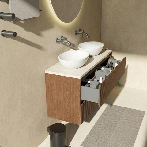 Saniclass Holz Atelier Ensemble de meubles de salle de bains - 120x45x63cm - Plan en pierre naturelle travertin - sans trou de robinet - 2 tiroirs - noyer pur mat (bois) SW1478877