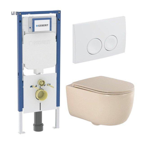 QeramiQ Dely Swirl Toiletset - 36.5x53cm - Geberit UP720 Duofix Sigma inbouwreservoir - slim zitting - witte Delta bedieningsplaat - ronde knoppen - mat beige SW1416853