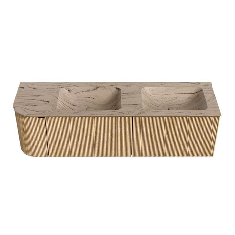 MONDIAZ KURVE-DLUX Meuble de salle de bains 155cm arrondi à gauche couleur Oak avec 2 tiroirs et 1 porte. Lavabo LEAF Double / Droite 2 trous de robinet Arena. SW1431144