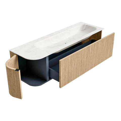 MONDIAZ KURVE-DLUX Meuble de salle de bains 145 cm avec module 25 L couleur Oak avec 1 tiroir et 1 porte. Lavabo BIG LARGE à droite sans trou de robinet couleur Ostra. SW1137789