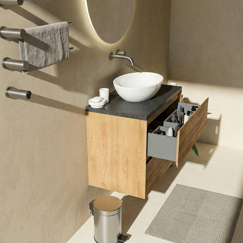 Saniclass Holz Pure Badkamermeubelset - 80x45x63cm - Noche basalten wastafelblad gepolijst (zwart) - zonder kraangat - 2 lades - mat eiken natural (hout) SW1478539