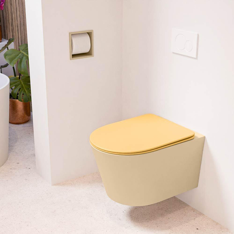 Mondiaz LAVIE hangtoilet – spoelrandloos – 36 x 53 cm – met softclose zitting – Sand (beige), zitting Ocher (geel) SW1208682
