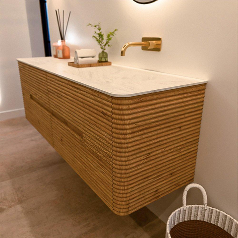 Mondiaz CIRO-DLUX Badkamermeubelset - 150x45x50cm - Solid surface wastafel Opalo - 1 wasbak Rechts - zonder kraangaten - 4 lades - Oak SW1531030