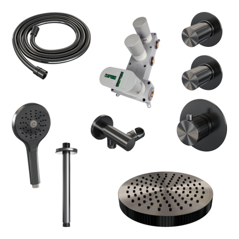 BRAUER Stripe Thermostatique Douche de tête encastrée - SET 06 - pomme de douche 25cm - bras de plafond - douchette 3 positions - flexible de douche - coude mural - gunmetal brossé PVD SW1435002