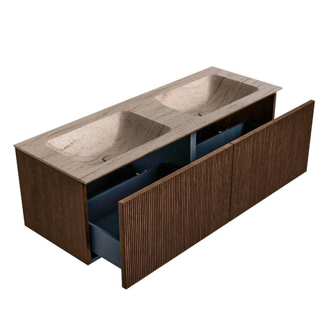 MONDIAZ KURVE-DLUX 130cm badmeubel kleur Walnut met 2 lades en 0 deuren. Wastafel LEAF Dubbel zonder kraangat Saba. SW1433206