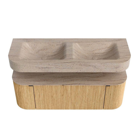 MONDIAZ THOR-DLUX 130cm badmeubel ronding links + rechts kleur Oak met 1 lade en 2 deuren. Vrijhangende wastafel CLOUD Dubbel 2 kraangaten kleur Saba. SW1464053