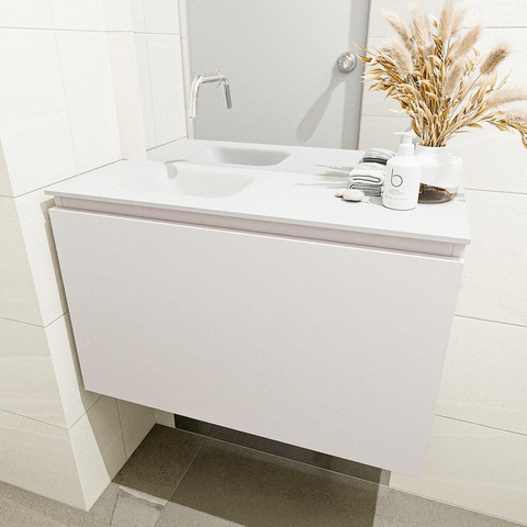MONDIAZ OLAN Toiletmeubel 80x30x40cm met 0 kraangaten 1 lades linen mat Wastafel Lex links Solid Surface Wit SW473399