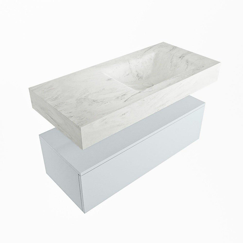 Mondiaz ALAN-DLUX Ensemble de meuble - 100cm - meuble Clay mat - 1 tiroir - Lavabo Cloud Opalo suspendu - vasque Droite - 0 trous de robinet SW806873
