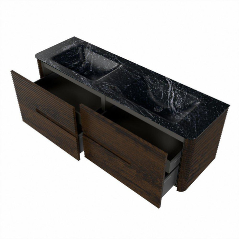 Mondiaz CIRO-DLUX Badkamermeubelset - 150x45x50cm - Solid surface wastafel Lava - 2 wasbak Dubbel - 2 kraangaten - 4 lades - Walnut SW1530184