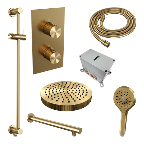 BRAUER Stripe Douche de tête thermostatique encastrable - 3 voies - rectangulaire - SET 22 - pomme de douche 25cm - bras mural droit - douchette 3 positions - flexible de douche - barre coulissante intégrée - PVD brossé or SW1435247