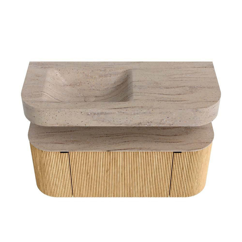 MONDIAZ THOR-DLUX 110cm badmeubel ronding links + rechts kleur Oak met 1 lade en 2 deuren. Vrijhangende wastafel CLOUD Links 1 kraangat kleur Saba. SW1462992